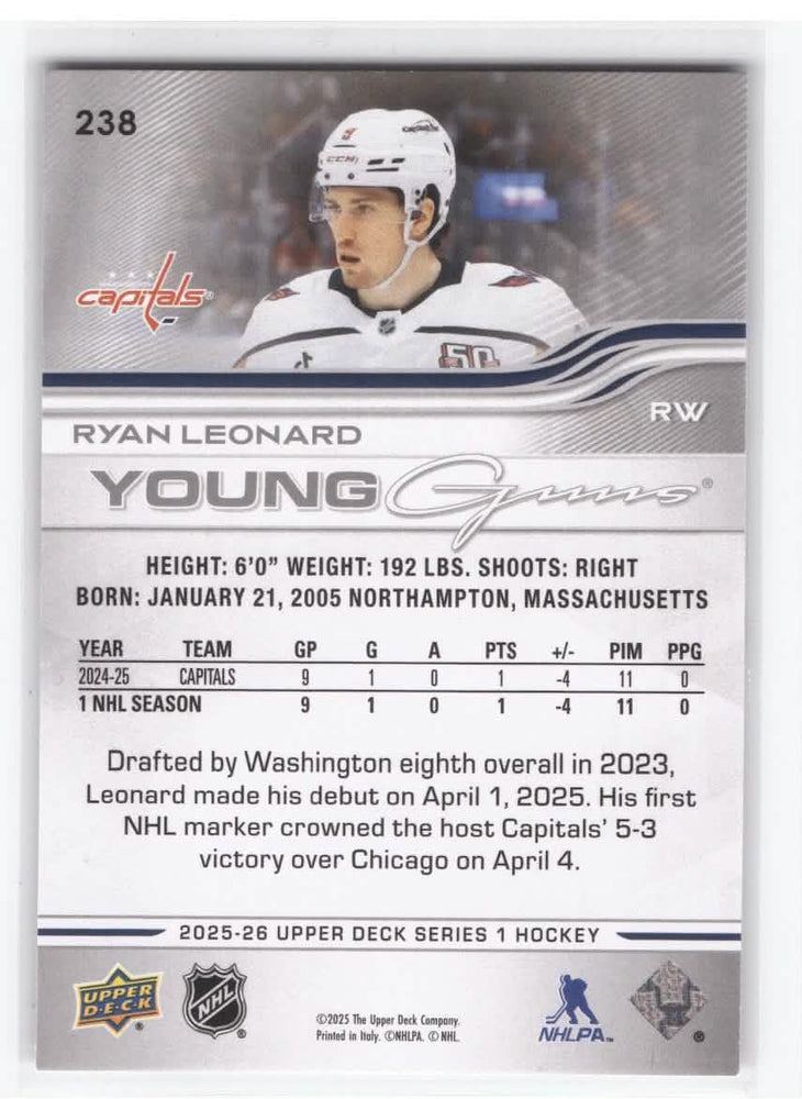 2025-26 Upper Deck Series 1 Young Guns #238 Rookie Rc Ryan Leonard
