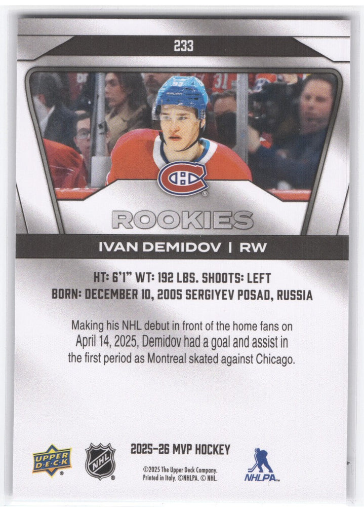 2025-26 Upper Deck Mvp Hockey Silver Collection #233 Rookie Rc Ivan Demidov