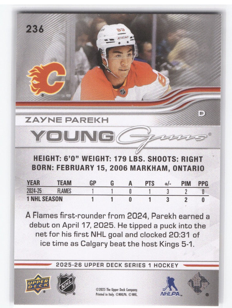 2025-26 Upper Deck Series 1 Young Guns #236 Rookie Rc Zayne Parekh