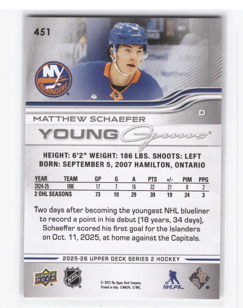 2025-26 Upper Deck Series 2 Young Guns #451 Rookie Rc Matthew Schaefer