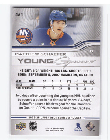 2025-26 Upper Deck Series 2 Young Guns #451 Rookie Rc Matthew Schaefer