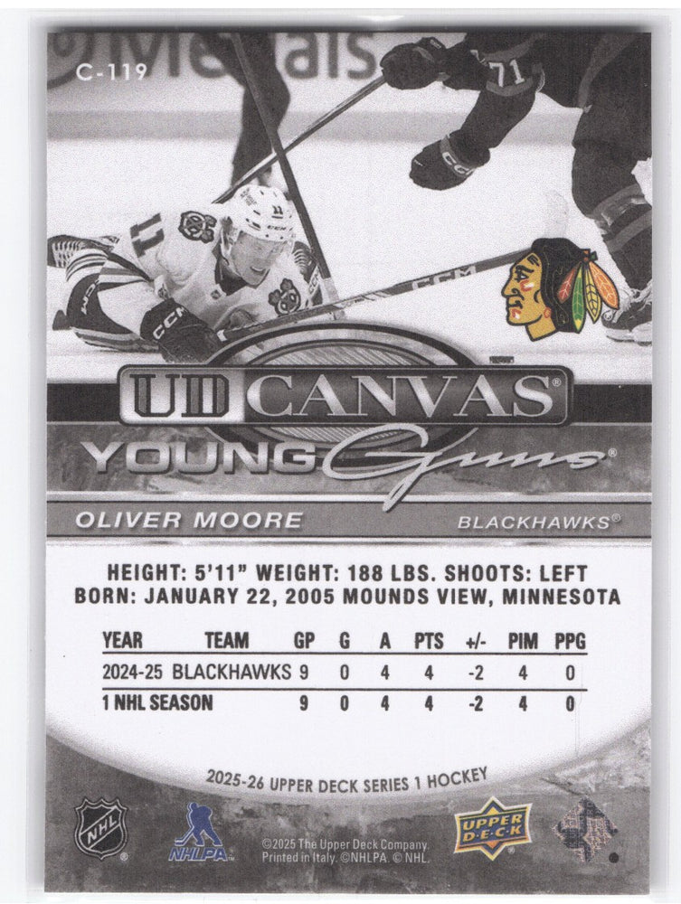 2025-26 Upper Deck Series 1 Young Guns Ud Canvas Black And White C-119 Rookie Rc Oliver Moore