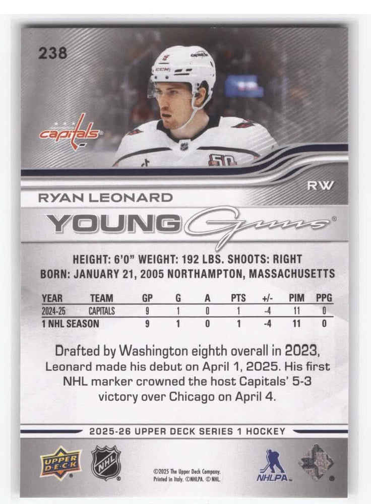 2025-26 Upper Deck Series 1 Young Guns #238 Rookie Rc Ryan Leonard