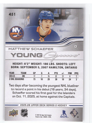 2025-26 Upper Deck Series 2 Young Guns #451 Rookie Rc Matthew Schaefer
