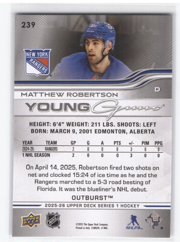 2025-26 Upper Deck Series 1 Young Guns Outburst #239 Rookie Rc Matthew Robertson