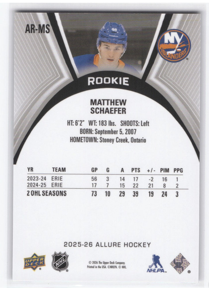 2025-26 Upper Deck Allure Ar-Ms Rookie Rc Matthew Schaefer