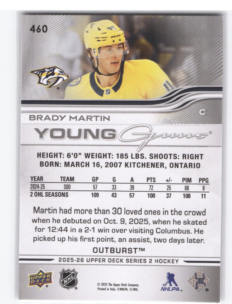 2025-26 Upper Deck Series 2 Young Guns Outburst #460 Rookie Rc Brady Martin