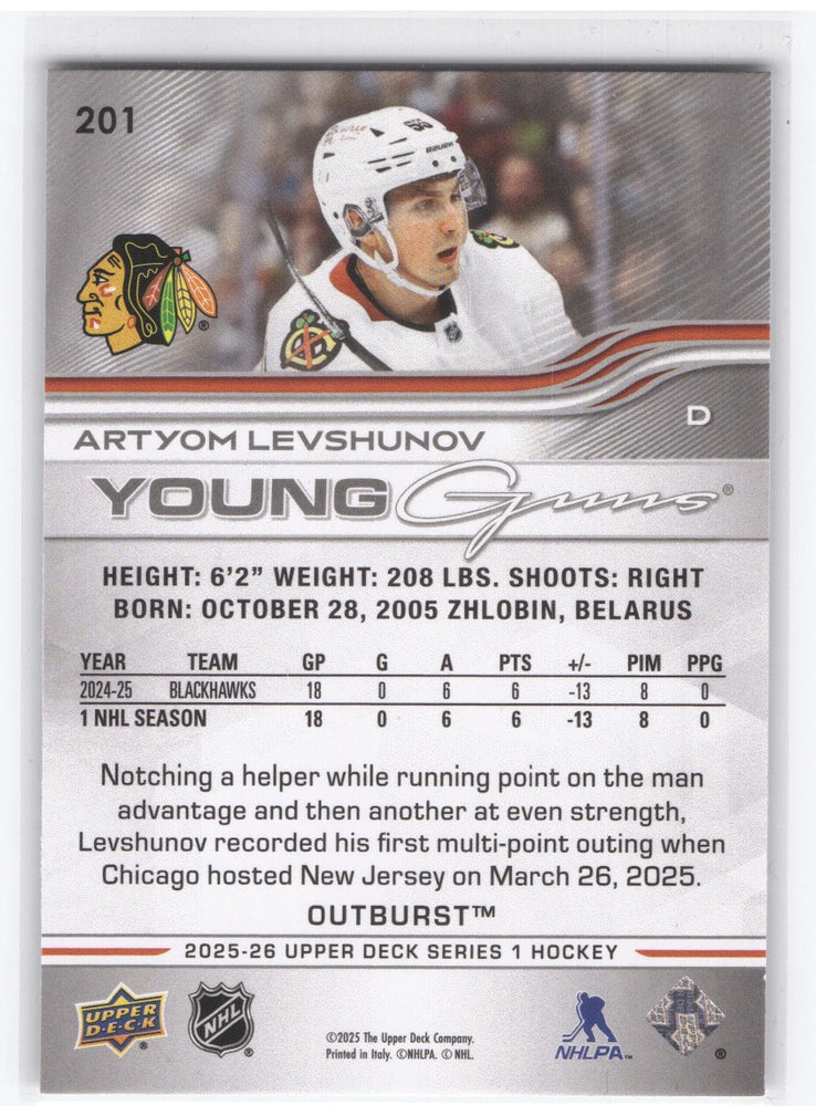 2025-26 Upper Deck Series 1 Young Guns Outburst #201 Rookie Rc Artyom Levshunov