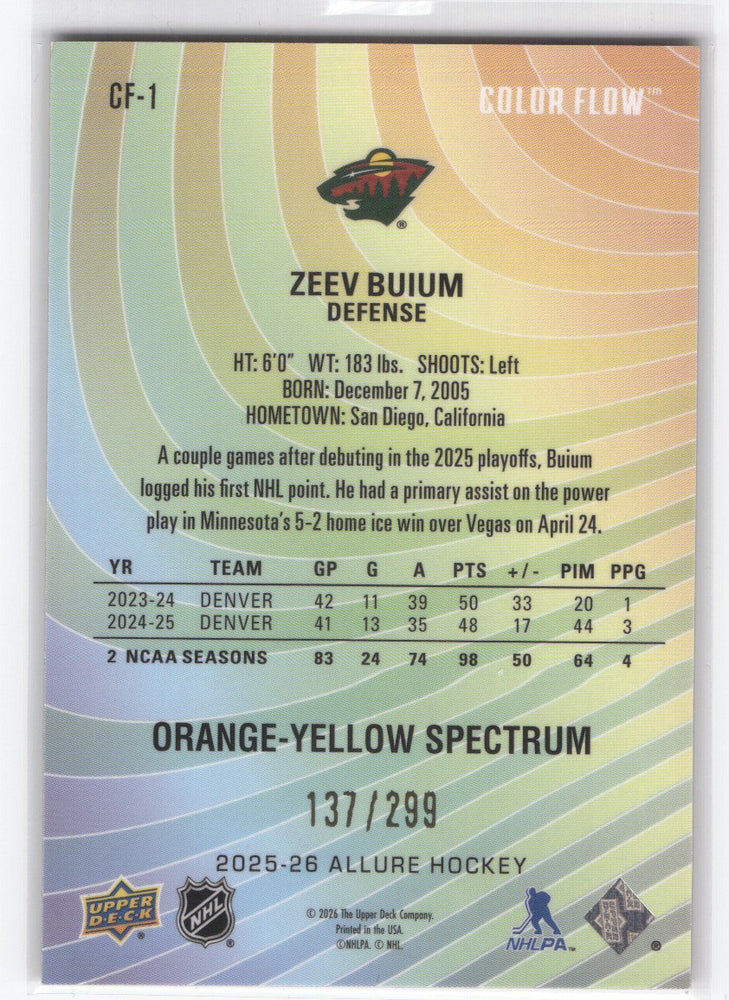 2025-26 Upper Deck Allure Orange-Yellow Spectrum Cf-1 Rookie Rc Zeev Buium /299