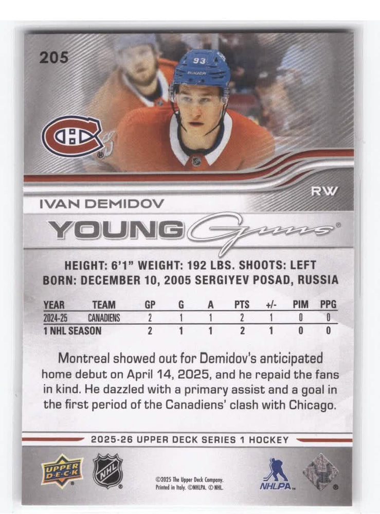 2025-26 Upper Deck Series 1 Young Guns #205 Rookie Rc Ivan Demidov