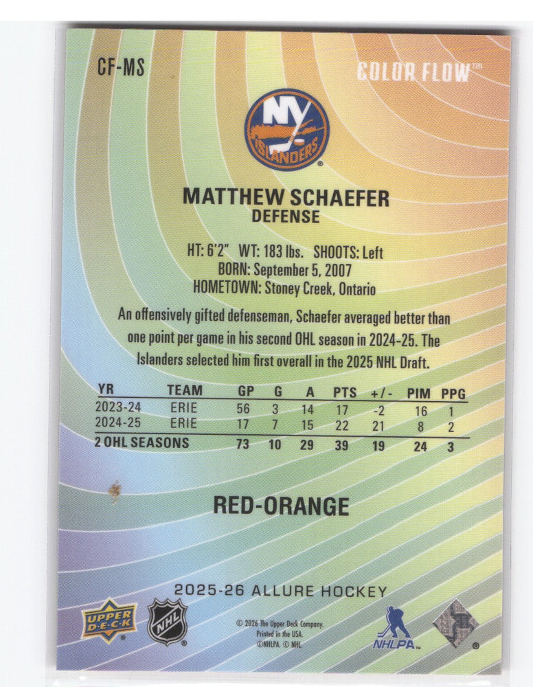2025-26 Upper Deck Allure Red-Orange Cf-Ms Rookie Rc Matthew Schaefer