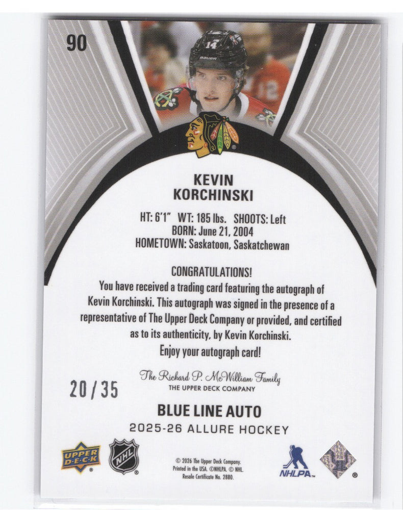 2025-26 Upper Deck Allure Blue Line Auto #90 Auto Kevin Korchinski /35