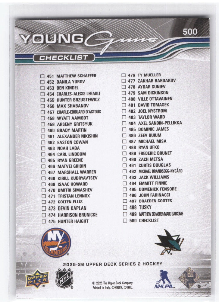 2025-26 Upper Deck Series 2 Young Guns Checklist #500 Rookie Rc Matthew Schaefer Michael Misa