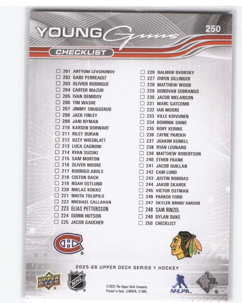 2025-26 Upper Deck Series 1 Young Guns Checklist #250 Rookie Rc Ivan Demidov Artyom Levshunov