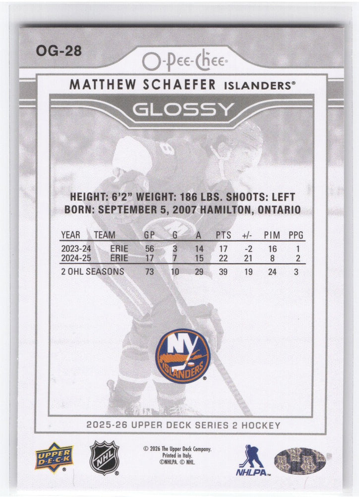 2025-26 Upper Deck Series 2 Glossy Og-28 Rookie Rc Matthew Schaefer
