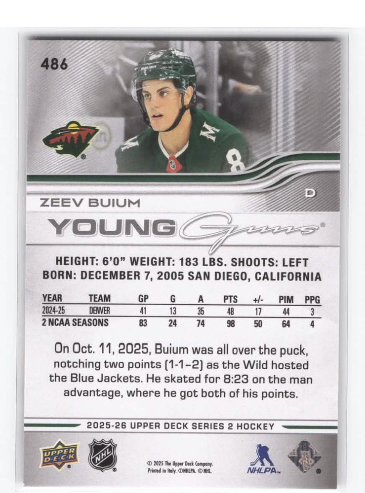 2025-26 Upper Deck Series 2 Young Guns #486 Rookie Rc Zeev Buium