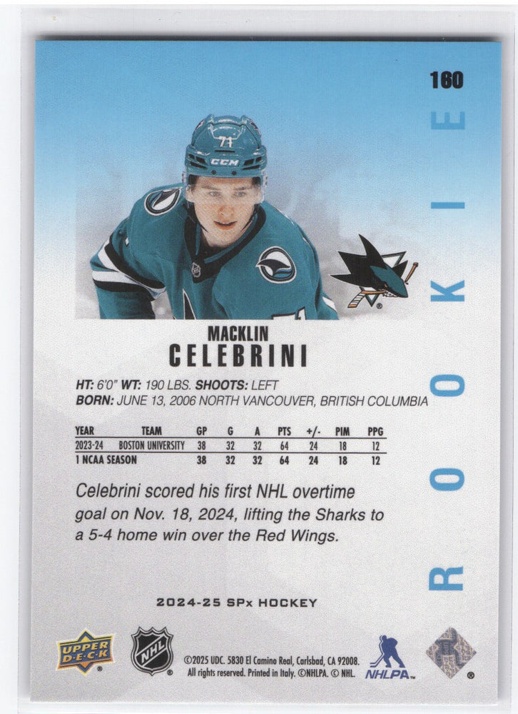 2024-25 Upper Deck Spx Rookie #180 Rookie Rc Macklin Celebrini