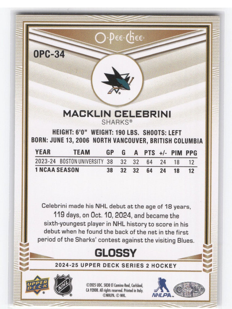 2024-25 Upper Deck Series 2 Glossy Opc-34 Rookie Rc Macklin Celebrini