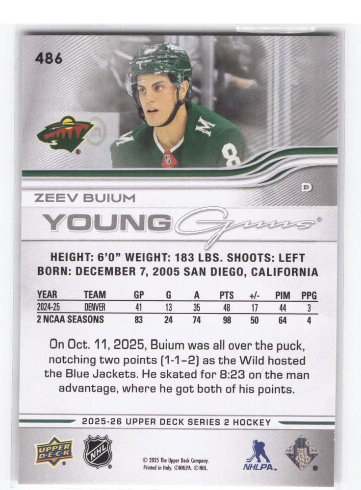 2025-26 Upper Deck Series 2 Young Guns #486 Rookie Rc Zeev Buium