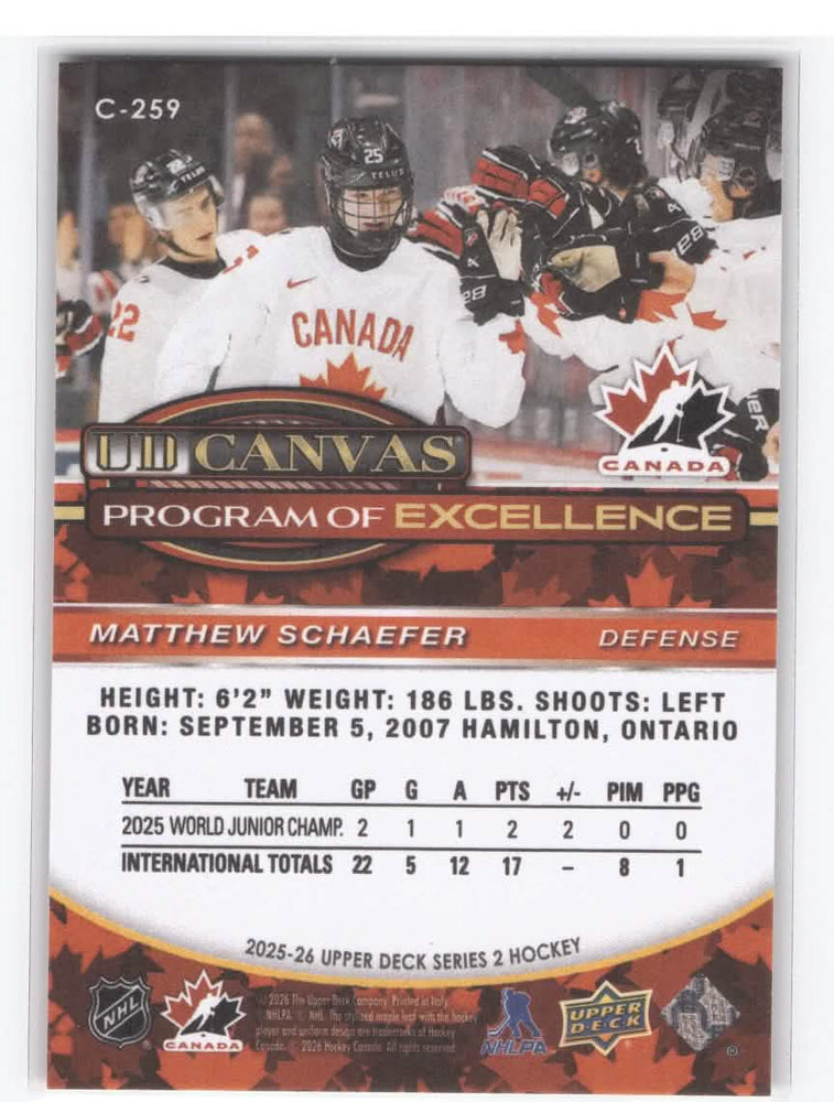 2025-26 Upper Deck Series 2 Program Of Excellence Ud Canvas C-259 Rookie Rc Matthew Schaefer