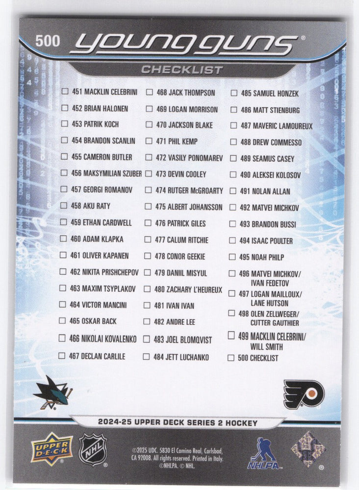 2024-25 Upper Deck Series 2 Young Guns Checklist #500 Rookie Rc Macklin Celebrini Matvei Michkov