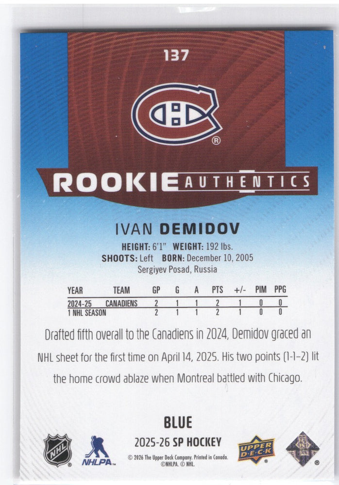 2025-26 Upper Deck Sp Hockey Rookie Authentics #137 Rookie Rc Ivan Demidov