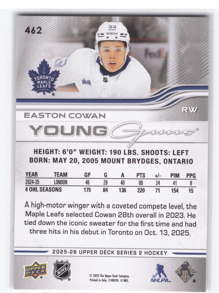 2025-26 Upper Deck Series 2 Young Guns #462 Rookie Rc Easton Cowan