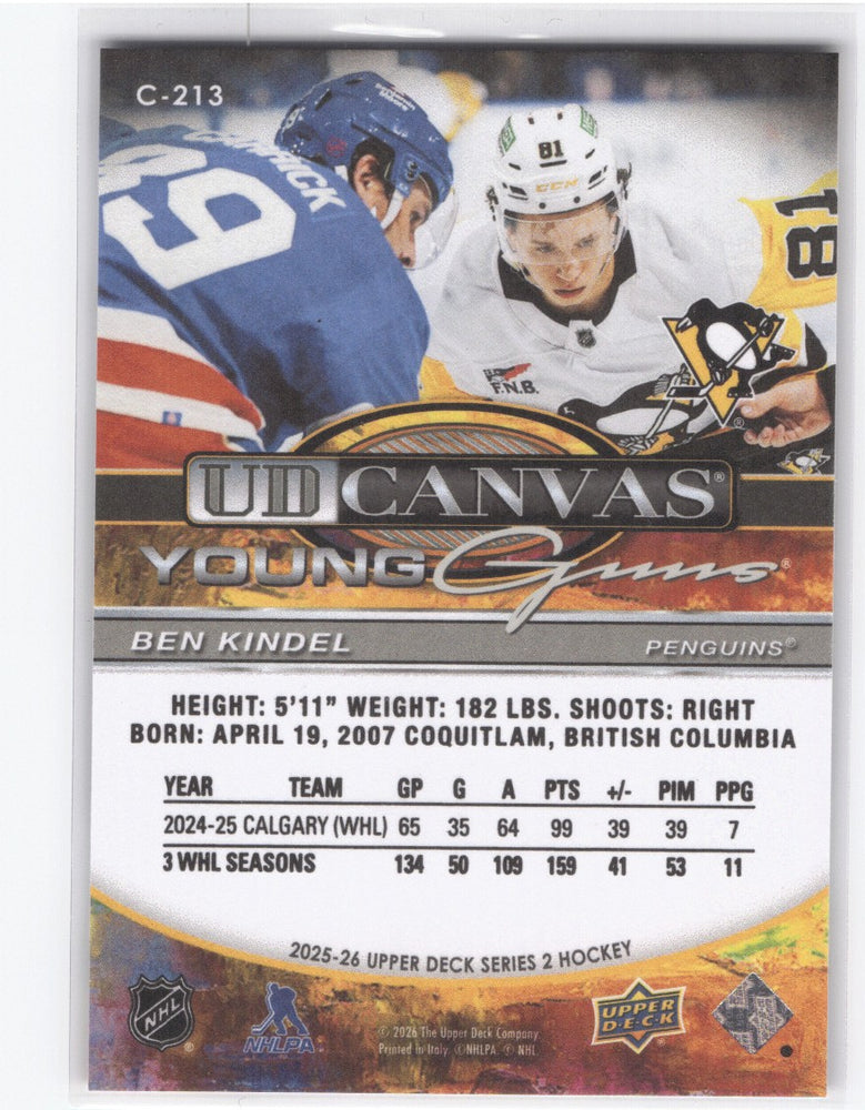 2025-26 Upper Deck Series 2 Young Guns Ud Canvas C-213 Rookie Rc Ben Kindel