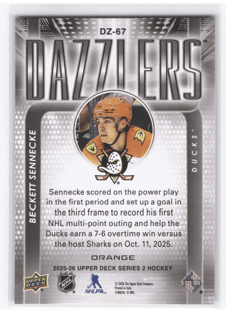 2025-26 Upper Deck Series 2 Dazzlers (Orange) Dz-67 Rookie Rc Beckett Sennecke