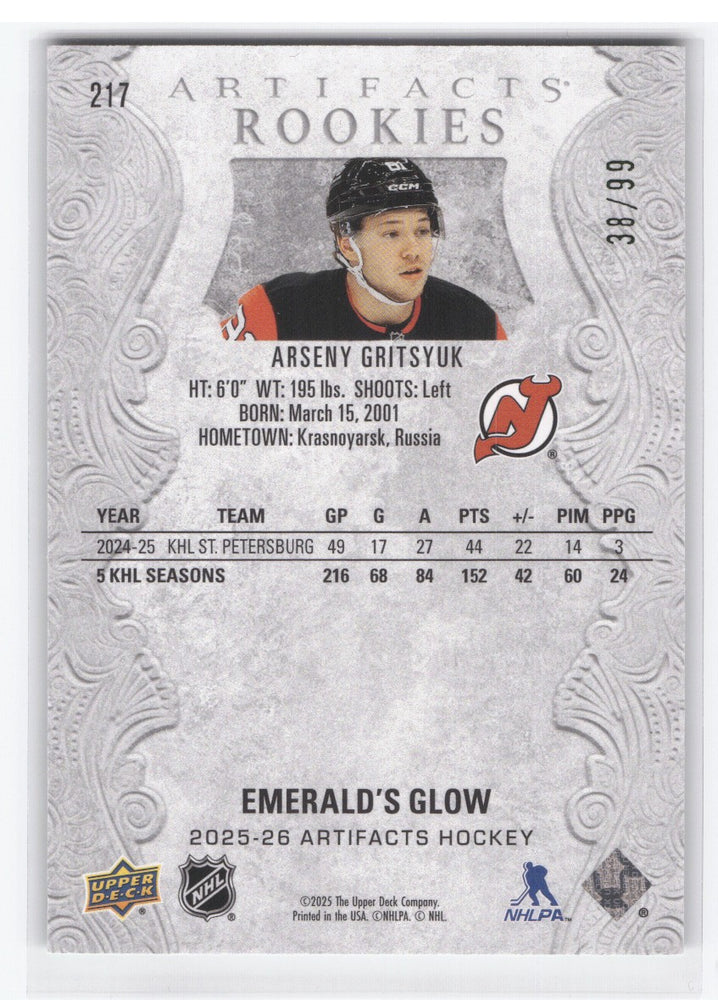 2025-26 Upper Deck Artifacts Emerald'S Glow #217 Rookie Rc Arseny Gritsyuk /99
