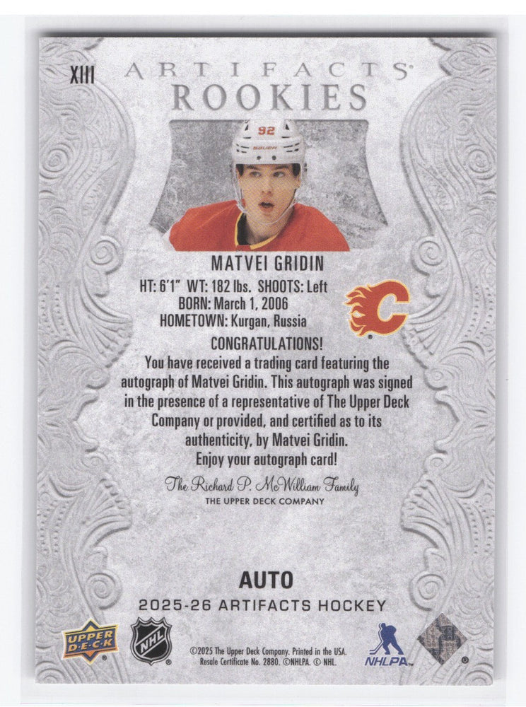 2025-26 Upper Deck Artifacts Auto Xiii Rookie Rc Auto Matvei Gridin