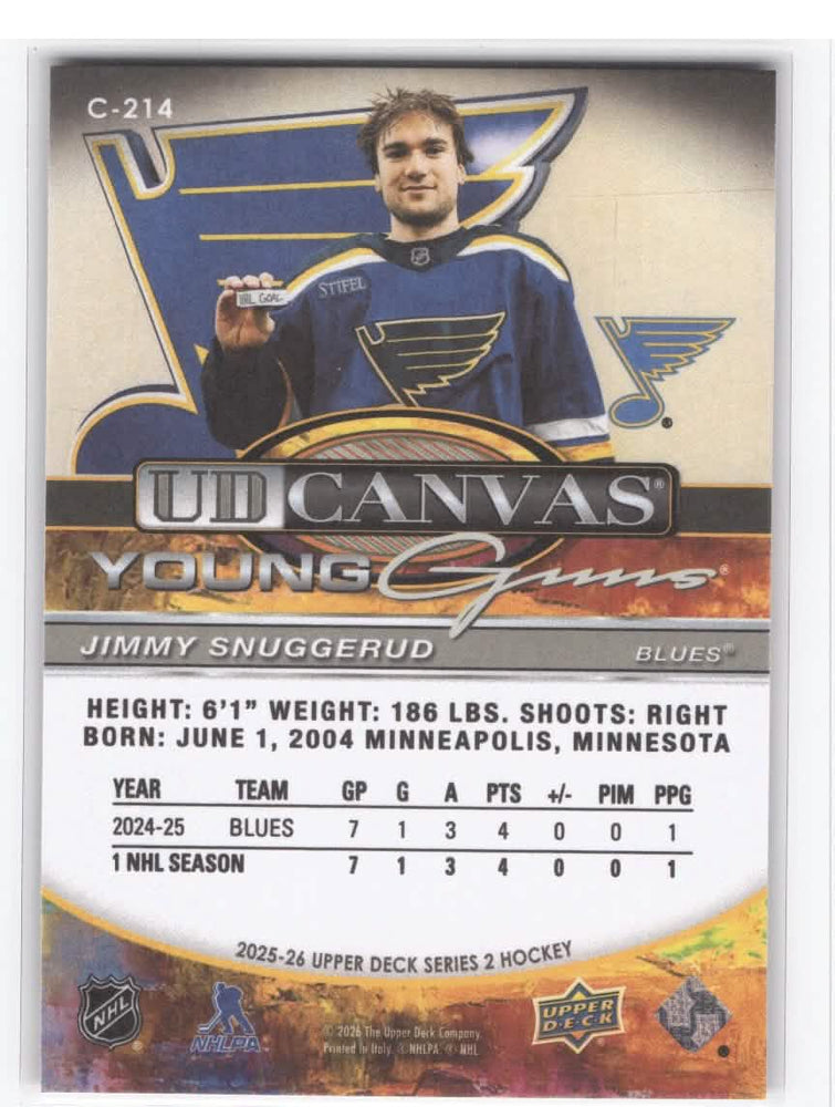 2025-26 Upper Deck Series 2 Young Guns Ud Canvas C-214 Rookie Rc Jimmy Snuggerud
