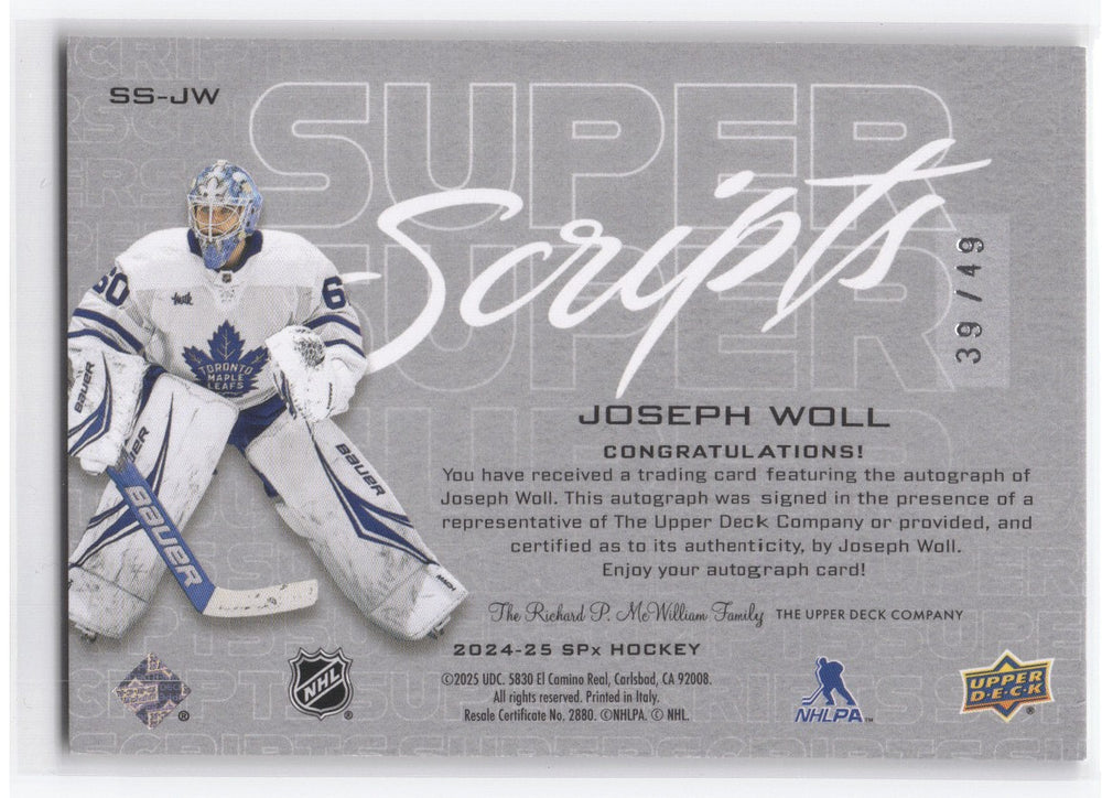 2024-25 Upper Deck Spx Super Scripts Ss-Jw Auto Joseph Woll