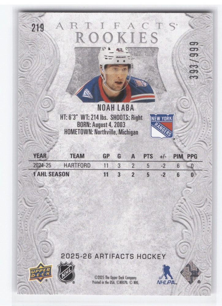 2025-26 Upper Deck Artifacts #219 Rookie Rc Noah Laba /999