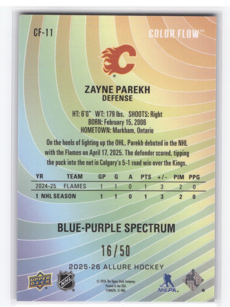 2025-26 Upper Deck Allure Blue-Purple Spectrum Cf-11 Rookie Rc Zayne Parekh /50