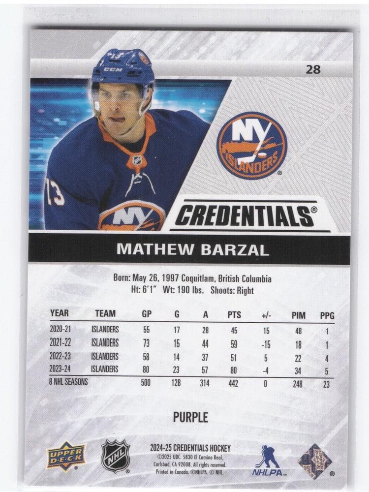 2024-25 Upper Deck Credentials Purple #28 Mathew Barzal /10