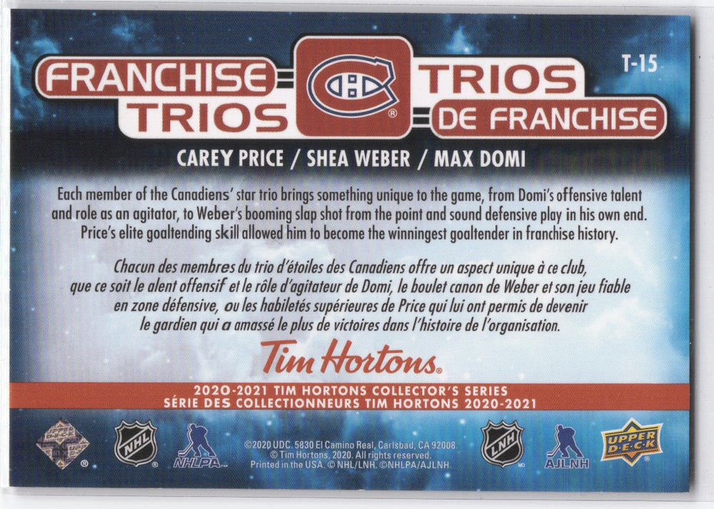 2020-21 Upper Deck Tim Hortons Collectors Series Franchise Trios T-15 Carey Price Shea Weber Max Domi