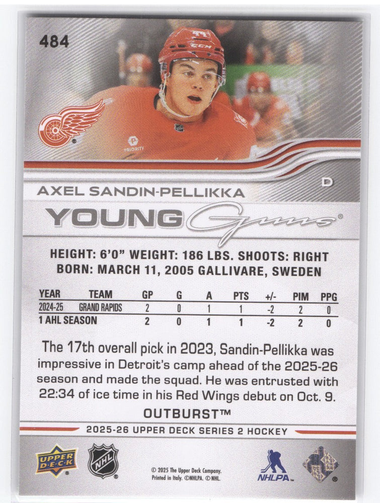 2025-26 Upper Deck Series 2 Young Guns Outburst #484 Rookie Rc Axel Sandin-Pellikka