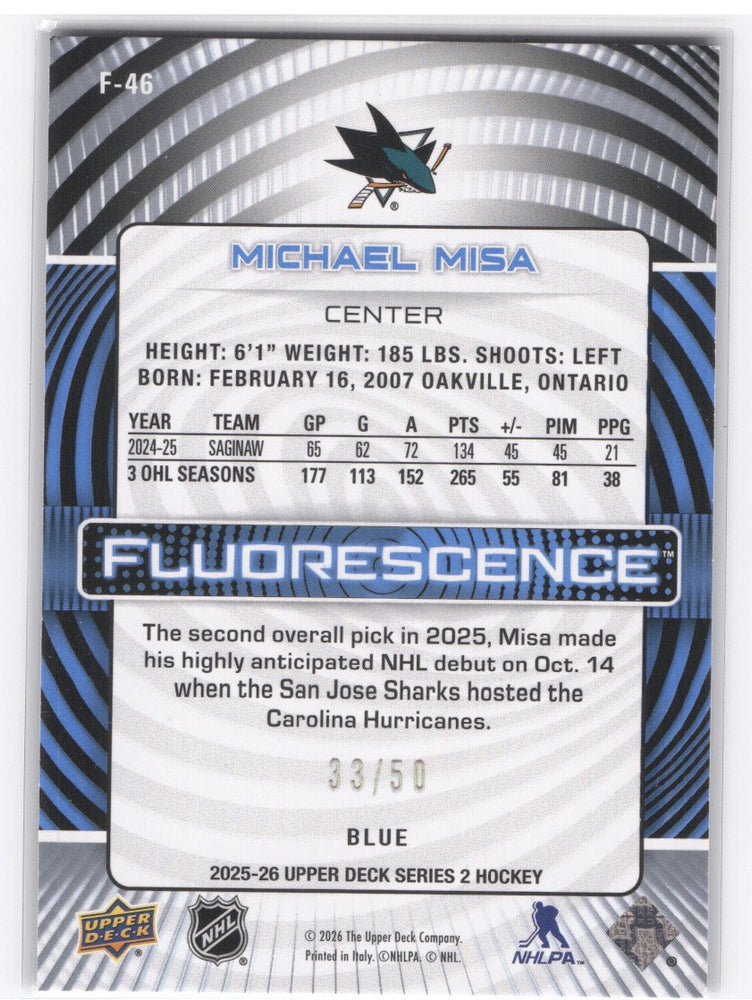 2025-26 Upper Deck Series 2 Fluorescence Blue F-46 Rookie Rc Michael Misa /50