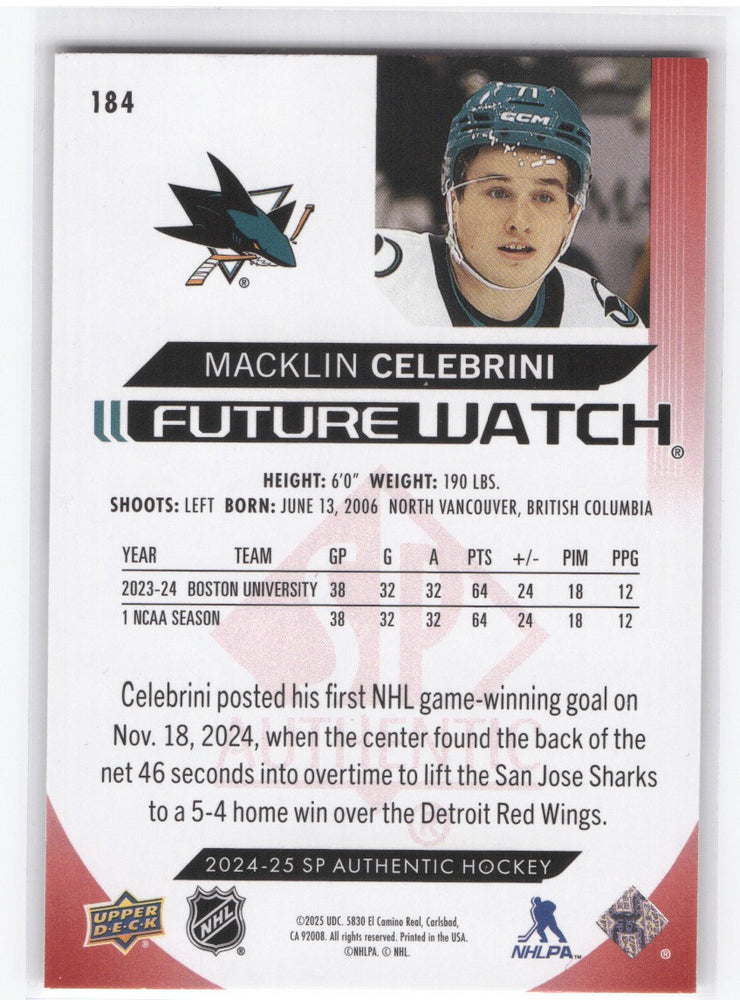2024-25 Upper Deck Sp Authentic Future Watch Limited #184 Rookie Rc Macklin Celebrini