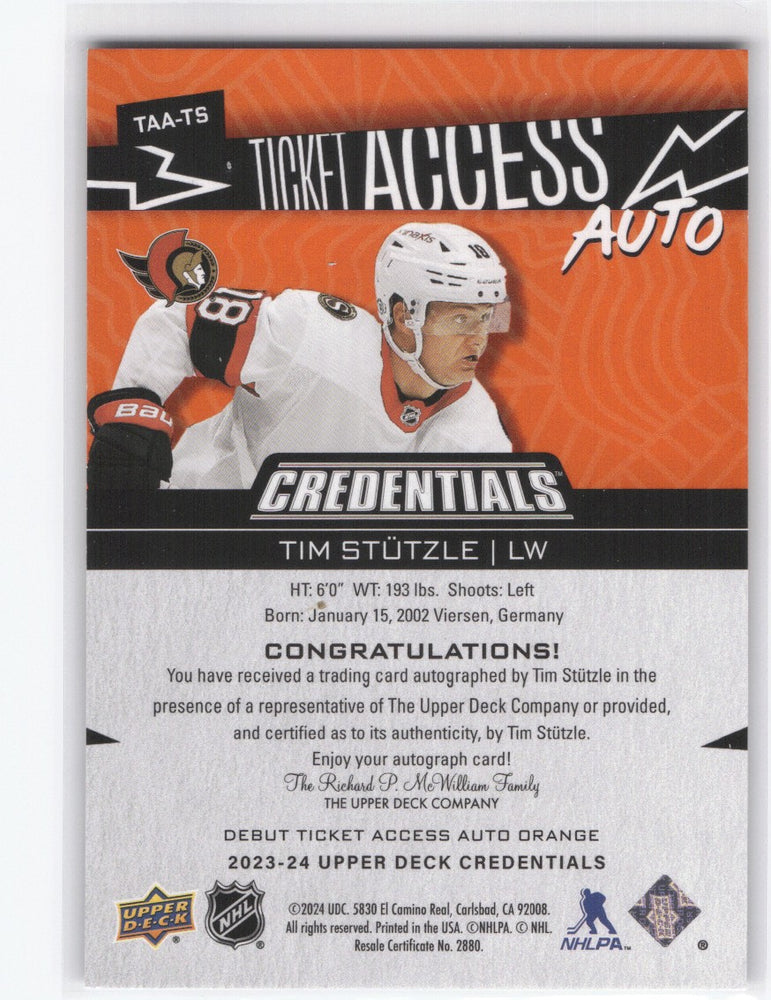2023-24 Upper Deck Credentials Ticket Access Auto Taa-Ts Auto Tim Stutzle (5)/5