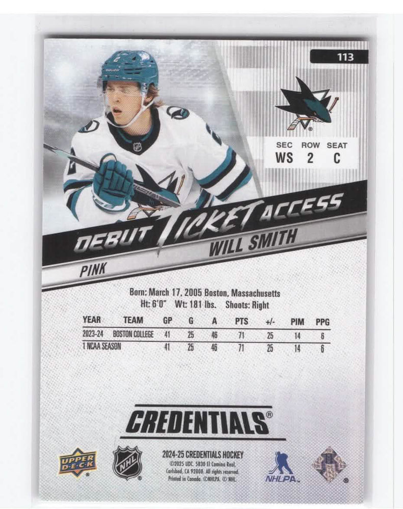 2024-25 Upper Deck Credentials Debut Ticket Access Pink Rookie Rc Will Smith /50