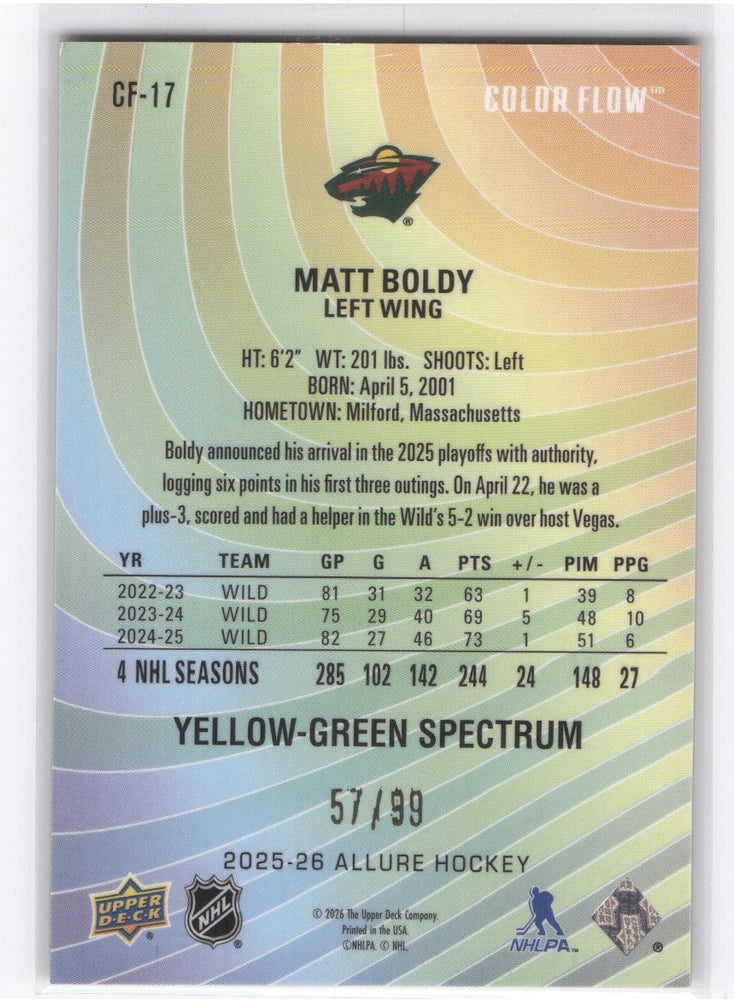 2025-26 Upper Deck Allure Yellow-Green Spectrum Cf-17 Matt Boldy /99