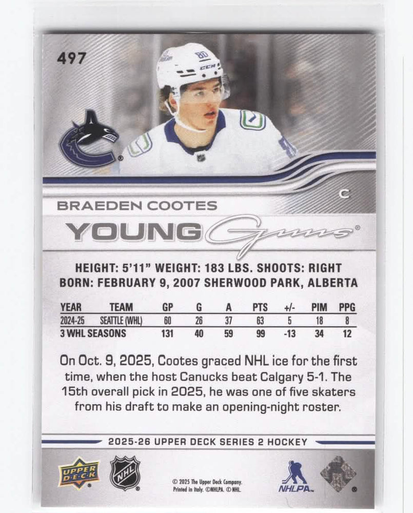 2025-26 Upper Deck Series 2 Young Guns #497 Rookie Rc Braeden Cootes