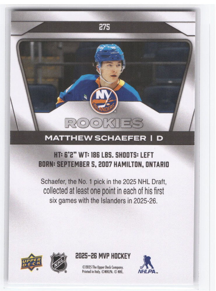 2025-26 Upper Deck Mvp Hockey Silver Collection #275 Rookie Rc Matthew Schaefer