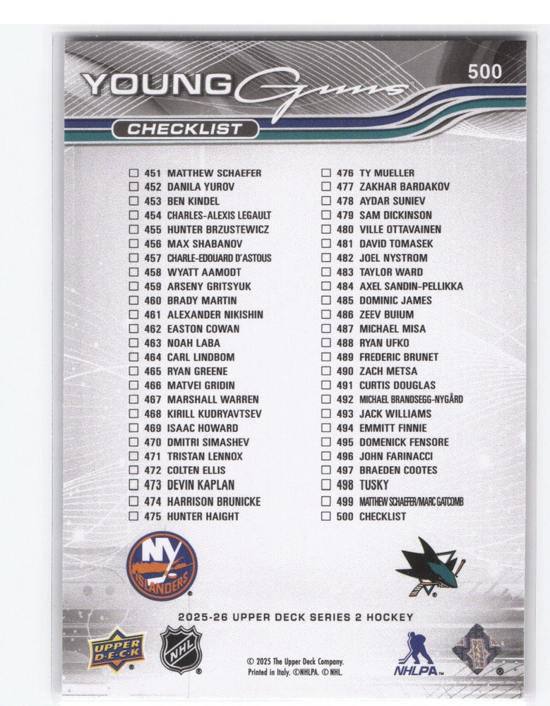 2025-26 Upper Deck Series 2 Young Guns Checklist #500 Rookie Rc Matthew Schaefer Michael Misa