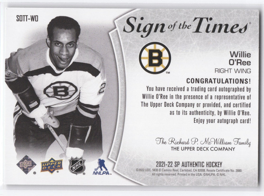 2021-22 Upper Deck Sp Authentic Sign Of The Times Sott-Wo Auto Willie O' Ree