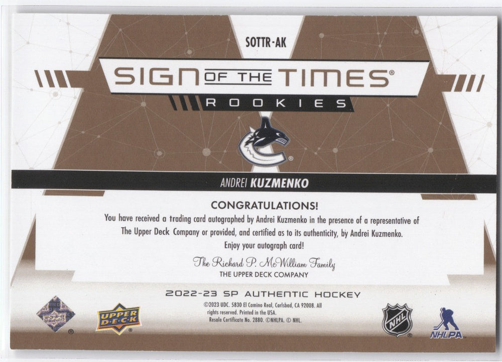 2022-23 Upper Deck Sp Authentic Sign Of The Times Rookies Sottr-Ak Rookie Rc Auto Andrei Kuzmenko /25