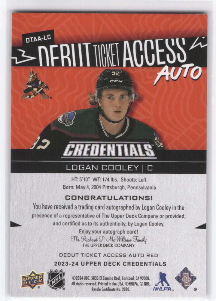 2023-24 Upper Deck Credentials Debut Ticket Access Auto Dtaa-Lc Rookie Rc Auto Logan Cooley /49