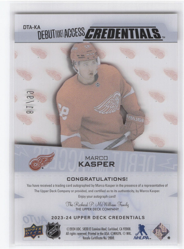 2023-24 Upper Deck Credentials Debut Ticket Access Clear Dta-Mk Rookie Rc Auto Marco Kasper /99